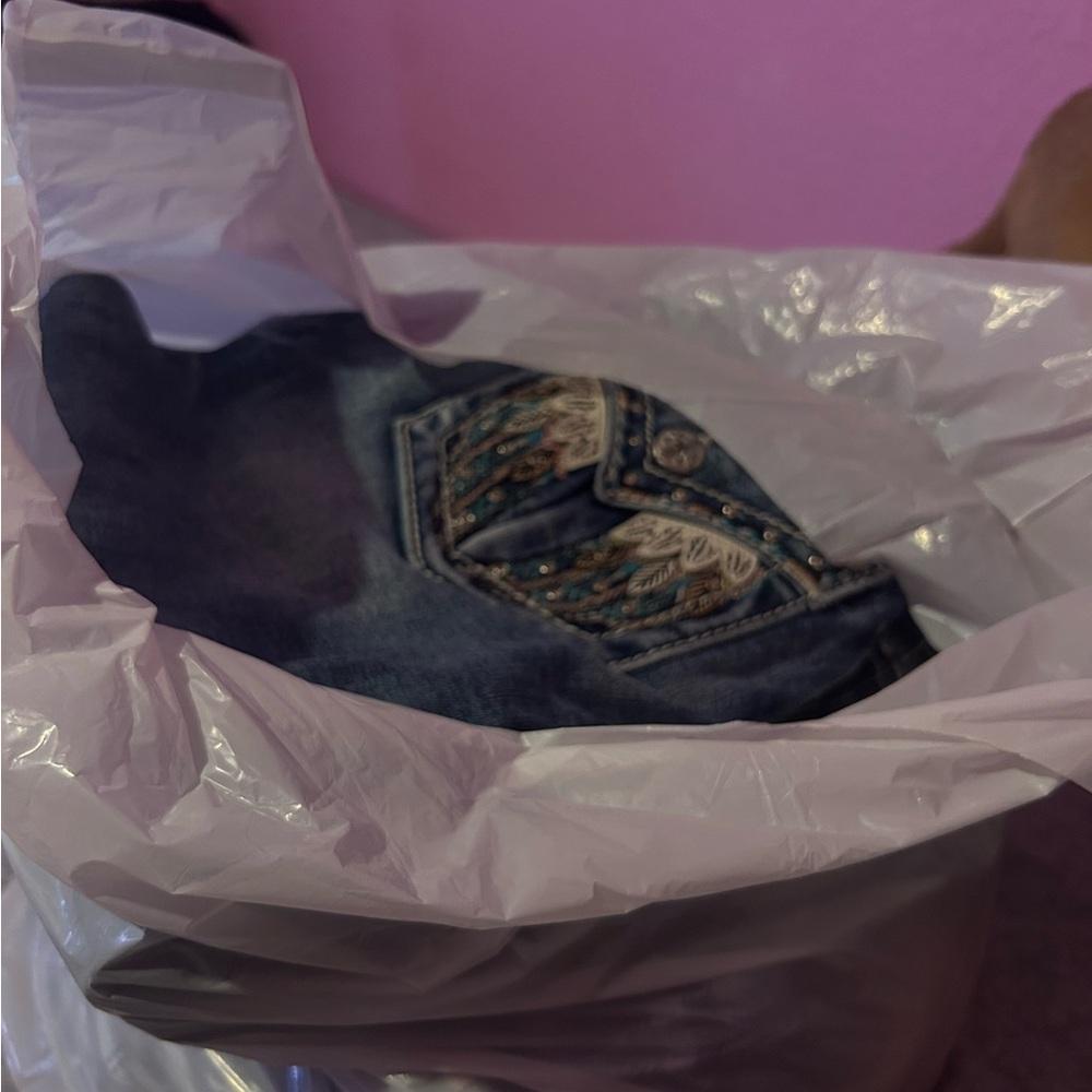 Miss Me Denim Bag with Embroidered Accents